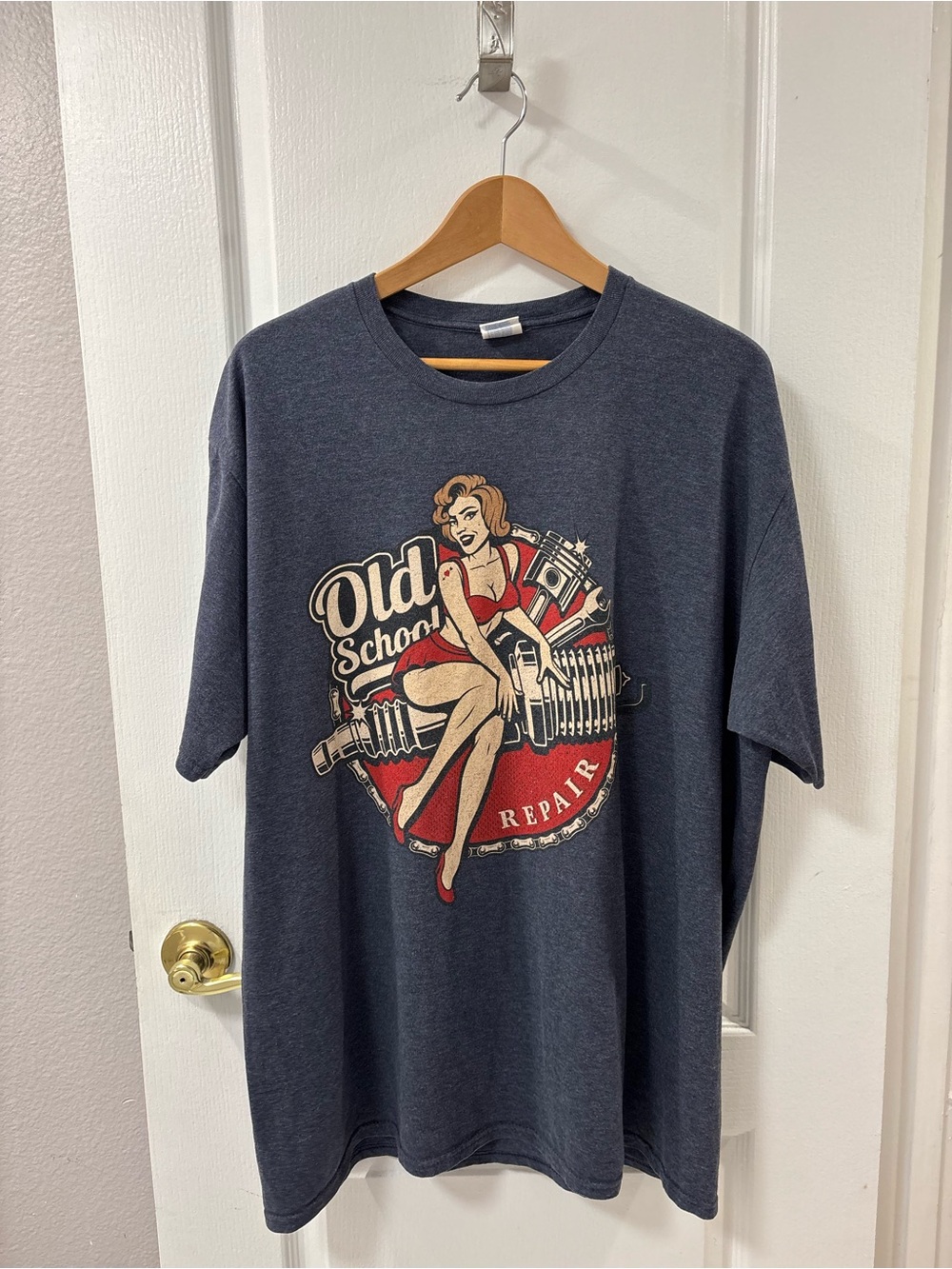 Old School Repair 50s Pinup Girl Graphic Tee Retro Car Mechanic Tools Hot Rod